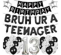 Banner per 13° compleanno per ragazzi, 41 striscioni di buon compleanno nero argento BRUH UR A TEENAGER numero stella palloncini in lamina glitter argento e nero palloncino per 13 anni decorazione per