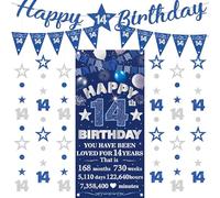 Banner per 14° compleanno per ragazzi, 9 bandierine blu argento sfondo numero stella puntino glitter kit ghirlande da appendere per ragazzi e ragazze felici 14 anni forniture per feste di compleanno