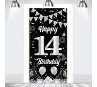 Banner per 14. Decorazione per porta di compleanno, colore nero, argento, per ragazzi e ragazze, 14 Happy Birthday, decorazione per porta, poster fotografico, decorazione per feste di compleanno