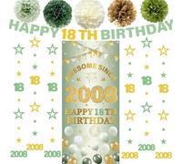 Banner per 18° compleanno per ragazze, 13 pezzi, verde oro impressionante dal 2008, striscioni numero 18 cerchio a pois scintillanti ghirlanda pompon per diciotto Happy Bday forniture per feste Decor