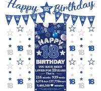 Banner per 18° compleanno per ragazzi, 9 bandierine blu argento sfondo numero stella puntino glitter kit ghirlande da appendere per ragazzi e ragazze felici 18 anni forniture decorative per feste di