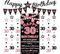 Banner per 30° compleanno da donna, 9 pezzi, nero, oro rosa, bandiere, sfondo numero stella puntino glitter kit ghirlande da appendere per donne felici 30 anni forniture per feste di compleanno