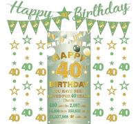 Banner per 40° compleanno da donna, 9 bandierine verdi e oro, sfondo numero stella puntino glitter kit ghirlande da appendere per donne felici 40 anni forniture decorative per feste di compleanno