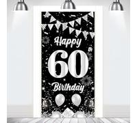 Banner per 60 compleanno, decorazione per porta, nero e argento, 60. Happy Birthday, decorazione per porta, poster fotografico, per donne, uomini, compleanni, feste, 180 x 90 cm