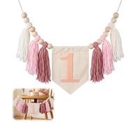 Banner per il 1° Compleanno con Seggiolone, Boho Decorazioni Festa Banners | Sospensione 1.Striscione per Seggiolone, con Perline di Legno e Nappe, Riutilizzabile, per Feste, Battesimo Decorazione, Rosa