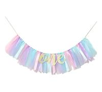 Banner per la bambina per il 1 ° compleanno - Banner per seggiolone per la decorazione del primo compleanno, applicazione della foto della torta, ghirlanda di tulle (acqua leggera e azzurro) Prima se