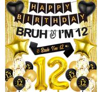 Banner per palloncini per 12° compleanno, 28 pezzi, colore nero e oro, con scritta in lingua inglese "Bruh I'M 12 striscioni" per tende, sfondo, palloncini per feste di 12 anni
