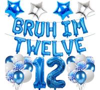 Banner per palloncini per 12° compleanno, 36 pezzi, blu, con scritta "Bruh Im dodici lettere", numero 12, palloncini in lattice a forma di stella, per ragazzi e ragazze, adolescenti, feste di