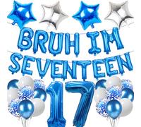 Banner per palloncini per 17° compleanno, 39 pezzi, blu, Bruh Im diciassette lettere striscioni numero 17 stelle palloncini in lattice per ragazzi e ragazze Happy Birthday Celebration Party Decor