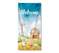 Banner per porta della fattoria di benvenuto, grazioso acquerello con animali, decorazione artistica pastorale, primavera stagionale da appendere alla parete, 91 x 183 cm