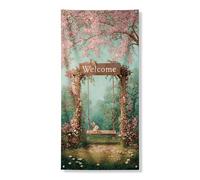 Banner per porta floreale con scritta "Welcome Spring", decorazione vintage a tema coniglio, per interni ed esterni, decorazione a tema giardino, 91 x 183 cm