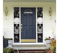 Banner per portico da appendere alla porta, nero floreale teschio benvenuto estate portico banner buon compleanno portico segno foto sfondo festa banner porta d'ingresso segni per feste decorazioni