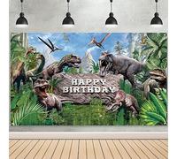 Banner Sfondo a Tema Dinosauro Sfondo di Foto di Happy Birthday di Dinosauro in Poliestere Sfondo di Compleanno della Giungla Tropicale Decoro per Bambini, 72,8 x 43,3 Pollici