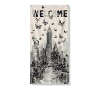 Banner vintage per porta di benvenuto decorativo, edificio urbano paesaggio urbano, decorazione stagionale per interni ed esterni, 91 x 182 cm