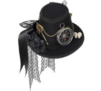 Baoblaze Cappello Steampunk Miniatura Cappello a Cilindro Fermaglio per Capelli Accessorio per Capelli Fascia con Clip Pizzo Ricamato Catena Dorata Charm
