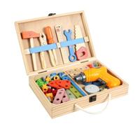 Baoblaze Cassetta Degli Attrezzi per Bambini Valigetta Attrezzi Banco Montaggio Martello Chiave Inglese Trapano Giocattolo in Legno E Plastica con Grafica
