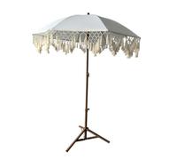 Baoblaze Ombrellone da Esterno Ombrello Parasol Tenda Parasole Baldacchino con Bordo Macramè E Nappe Palo Dritto Marrone, 1.7m, Ombrellone Da Giardino Con Nappe, Con Base