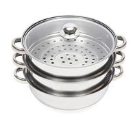 BAOCHADA Tiers, set di 3 pentole a vapore, in acciaio inox, 28 cm, con coperchio in vetro, per fornelli a gas, a induzione, forno alogeno elettrico, argento