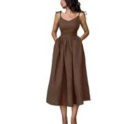 BAODANWUXIAN Vestito Abito Lungo in Lino Marrone Domenomelle da Donna Tasche A Pizzo Abite A-Line Abito Estivo Senza Schienale-Marrone-M