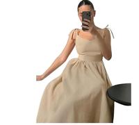 BAODANWUXIAN Vestito Abito Lungo in Lino Marrone Domenomelle da Donna Tasche A Pizzo Abite A-Line Abito Estivo Senza Schienale-Cachi-L