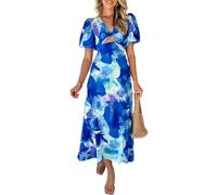 BAODANWUXIAN Vestito Abito Midi Estivo da Donna con Scollo A V-Torico A Maniche Floreali Abiti Primaverili con Tasche-Blu-L