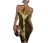 BAODANWUXIAN Vestito Donne Elegante Shiny Shiny Metallic Midi Abito Midi Demma Sleeveless Bodycon Senza Schienale Long Lady Club Assette Serali-Corto d'oro-M