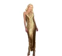BAODANWUXIAN Vestito Donne Elegante Shiny Shiny Metallic Midi Abito Midi Demma Sleeveless Bodycon Senza Schienale Long Lady Club Assette Serali-Oro Lungo-M