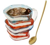 BAODBF Laccato libro massa unico 3D libro tazza di caffè con manico e cucchiaio colorato novità tazza di caffè per scrittore bibliotecario