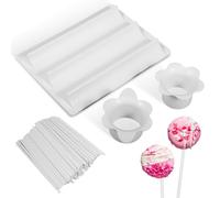 BAODBF Set di stampi rotondi per cake-pop con vassoio da 7,9 pollici e bastoncini, in plastica per biscotti e taglierine circolari per feste e dolci (bianco)