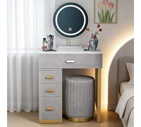 Baodiale Set da scrivania moderno for trucco e trucco con superficie in marmo, morbido sgabello imbottito e specchio con luce LED regolabile, toletta con 4 cassetti, ottimo regalo for le donne