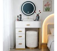 Baodiale Set da scrivania moderno for trucco e trucco con superficie in marmo, morbido sgabello imbottito e specchio con luce LED regolabile, toletta con 4 cassetti, ottimo regalo for le donne