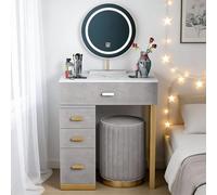 Baodiale Set da toeletta Premium con piano in marmo, sgabello imbottito e specchio intelligente con luce LED a 3 colori, mobiletto con 4 cassetti, regalo perfetto for le donne