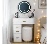 Baodiale Set da toeletta Premium con piano in marmo, sgabello imbottito e specchio intelligente con luce LED a 3 colori, mobiletto con 4 cassetti, regalo perfetto for le donne