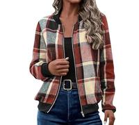 BAOFUW Plaid Shirts for Women,Zip Up Flannel Jacket,Long Sleeve Flannel Jacket,Baggy Outwear Coat Fall Clothes (7,XL)