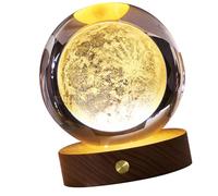 BAOFUYA Lampada Notturna a Sfera di Cristallo 3D, Lampada da Notte a Bagliore Morbido, Ricaricabile, a Batteria, con Base in Legno, per la Decorazione della Camera da Letto di Casa (Luna)