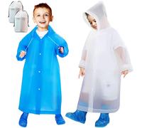 Baogaier 2 Pezzi Poncho Antipioggia Bambini, EVA Riutilizzabile Impermeabile Mantella Antipioggia con Cappuccio Mantellina Pioggia Leggero Poncho Portatile Unisex per Ragazzi e Ragazze, Bianco Blu
