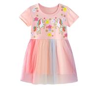 Baogaier Ragazza Vestito Cotone Abiti Bambina Rosa Fiore Cavallo Modello Stampa Casual Eleganti Arcobaleno Manica Corta Estivo Camicia Festa Tulle T-Shirt Magliette Abito Bimba 5-6 Anni
