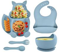 Baogaier Set Pappa Svezzamento Bambini Blu, 5 Pezzi Set Prima Pappa Silicone Piatto e Ciotola con Ventosa, Cucchiaio Forchetta, Bavaglino, Facile da Pulire Antiscivolo Senza BPA per Bambino Neonato