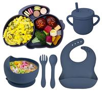 Baogaier Set Pappa Svezzamento Bambini Silicone Piatto con Ventosa Ciotola e Tazza Cucchiaio Forchetta Bavaglino, 6 Pezzi Antiscivolo Impermeabile Bimbo Bambino Neonato, Blu