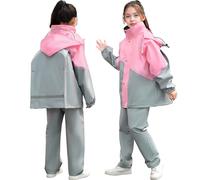 Baogaier Tuta Impermeabile Ragazze, Bambina Leggero Antipioggia Giacca con Cappuccio e Pantaloni Set, Bambini Impermeabili Tute Pioggia con Strisce Riflettenti per 8-9 anni, Grigio Rosa