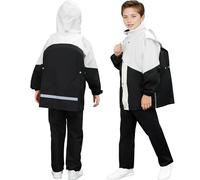 Baogaier Tuta Impermeabile Ragazze Ragazzi, Leggero Antipioggia Giacca con Cappuccio e Pantaloni Set, Unisex Bambini Impermeabili Tute Pioggia con Strisce Riflettenti per 8-9 anni, Nero Bianco
