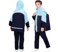 Baogaier Tuta Impermeabile Ragazze Ragazzi, Leggero Antipioggia Giacca con Cappuccio e Pantaloni Set, Unisex Bambini Impermeabili Tute Pioggia con Strisce Riflettenti per 11-12 anni, Azzurro Nero