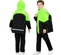 Baogaier Tuta Impermeabile Ragazze Ragazzi, Leggero Antipioggia Giacca con Cappuccio e Pantaloni Set, Unisex Bambini Impermeabili Tute Pioggia con Strisce Riflettenti per 9-10 anni, Verde Nero