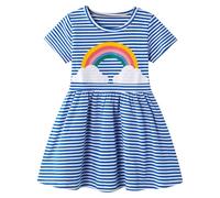 Baogaier Vestito Bambina Cotone Estivo Elegante Strisce Blu e Bianche Arcobaleno Applique Manica Corte Girocollo Abbigliamento Ragazza Casuale T-Shirt Abiti delle Ragazze da Festa 4-5 Anni