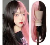 Baokuan Mezzo Parrucca Rosa E Nera con Frangetta, Lunga Parrucca di Cosplay Anime Dritti per Donne, Parrucca di Sintetici Resistenti Calore Halloween Cosplay Party Parrucca
