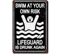 BAOTEG Targa in metallo retrò con scritta "Swim At Your Own Risk Pool Sign", "No Lifeguard On Duty" per piscina, spiaggia, parco acquatico, decorazione per casa, cucina, garage, grotta degli uomini