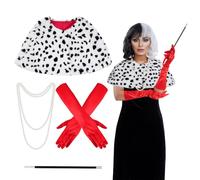 baotongle Costume da Dalmata, da donna, per Halloween, anni '20, guanto, in finta pelle, con perle, colore nero, bianco, crudele, sciarpa dalmata, stola per adulti per cosplay, Nero/rosso, Taglia