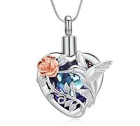 BAOWIQI Collana con ciondolo a forma di cuore con colibrì, urna per ceneri di cremazione, per donne e uomini, ricordo commemorativo della persona amata, Acciaio inossidabile, Nessuna pietra preziosa