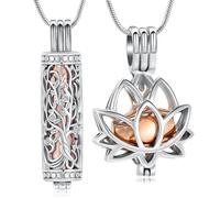 BAOWIQI Collana con urna per ceneri, con albero della vita e loto, con zirconia cubica, impermeabile, per contenere ceneri umane e animali domestici, regalo di simpatia, Acciaio inossidabile, Non