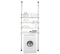 BAOYOUNI Scaffale Telescopico per Bagno con 4 Ripiano in Metallo, Mensola sopra Lavatrice da Appoggiare, Salvaspazio Portaoggetti per Soggiorno Cucina Ufficio, Regolabile in Altezza e Larghezza, Nero